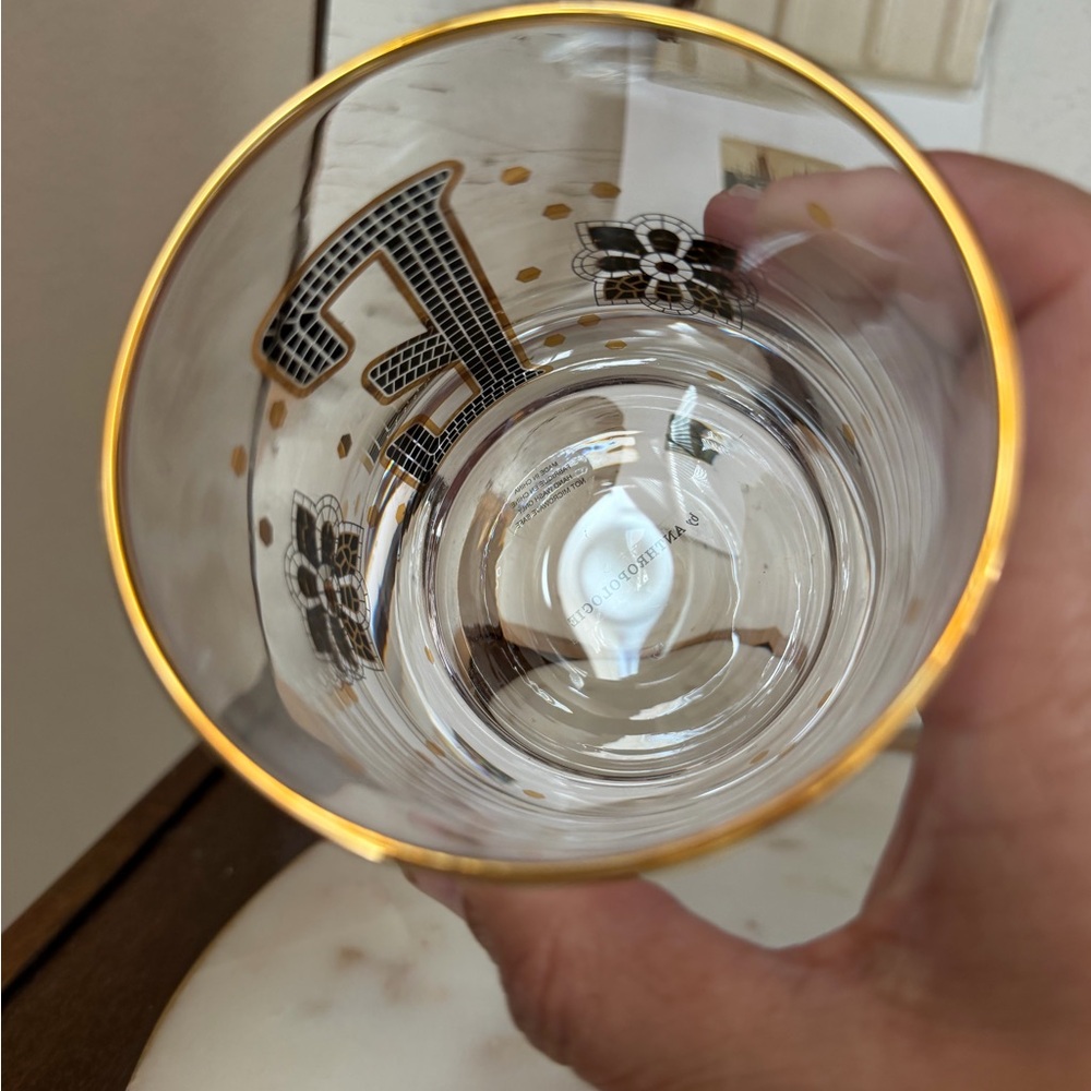 By Anthropologie Bistro Monogram E Tumbler 24K Gold Rim/Decals Old Fashioned - Picture 5 of 6